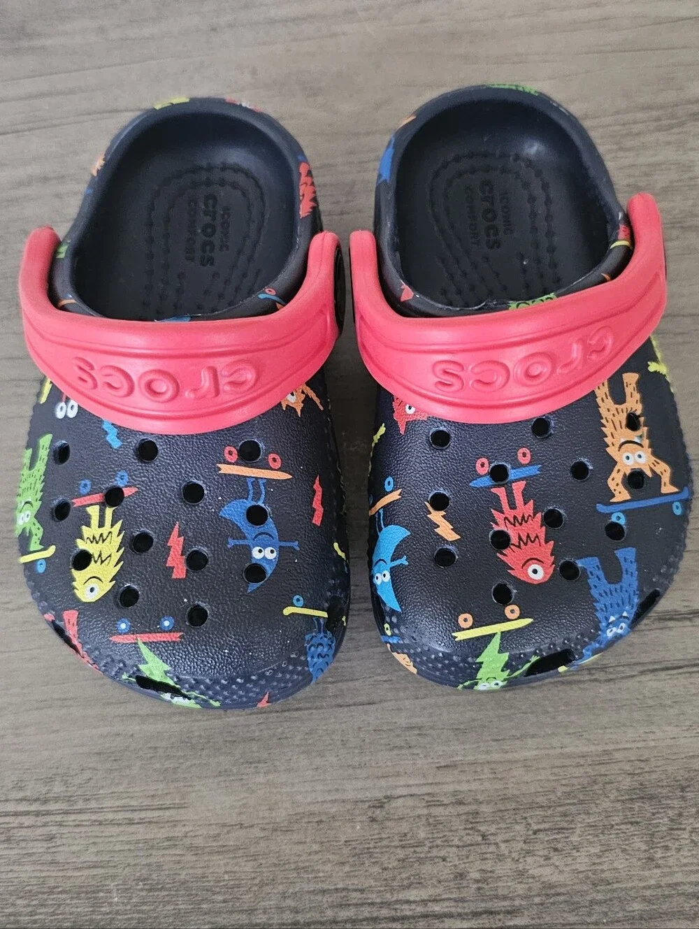 CROCS Kids Black Clogs with Red Strap and Colorful Monster Print Toddler C 4
